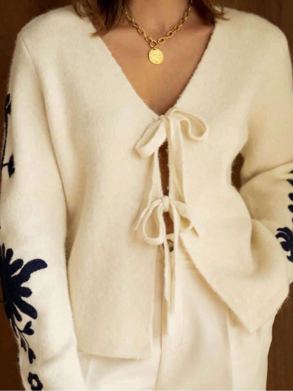 Cream Tie-Front Cardigan with Navy Floral Sleeves